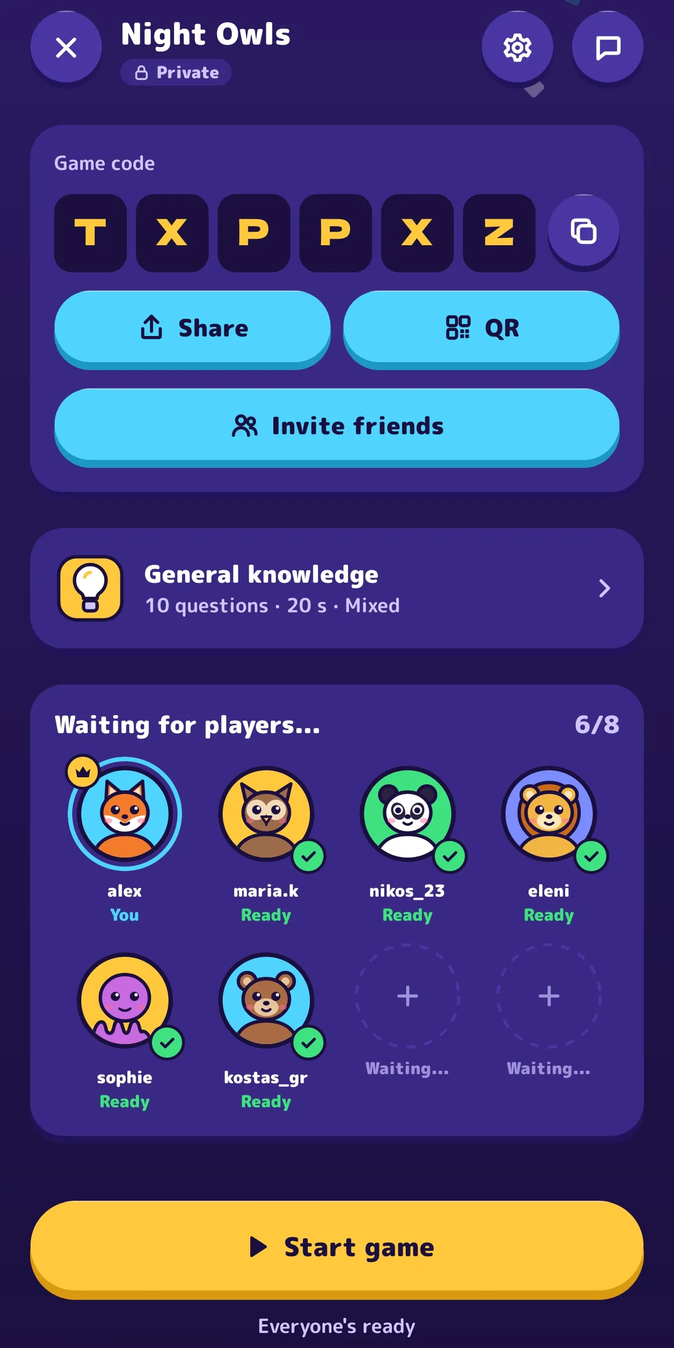 A lobby in the app: the game code, the subject and the players who joined