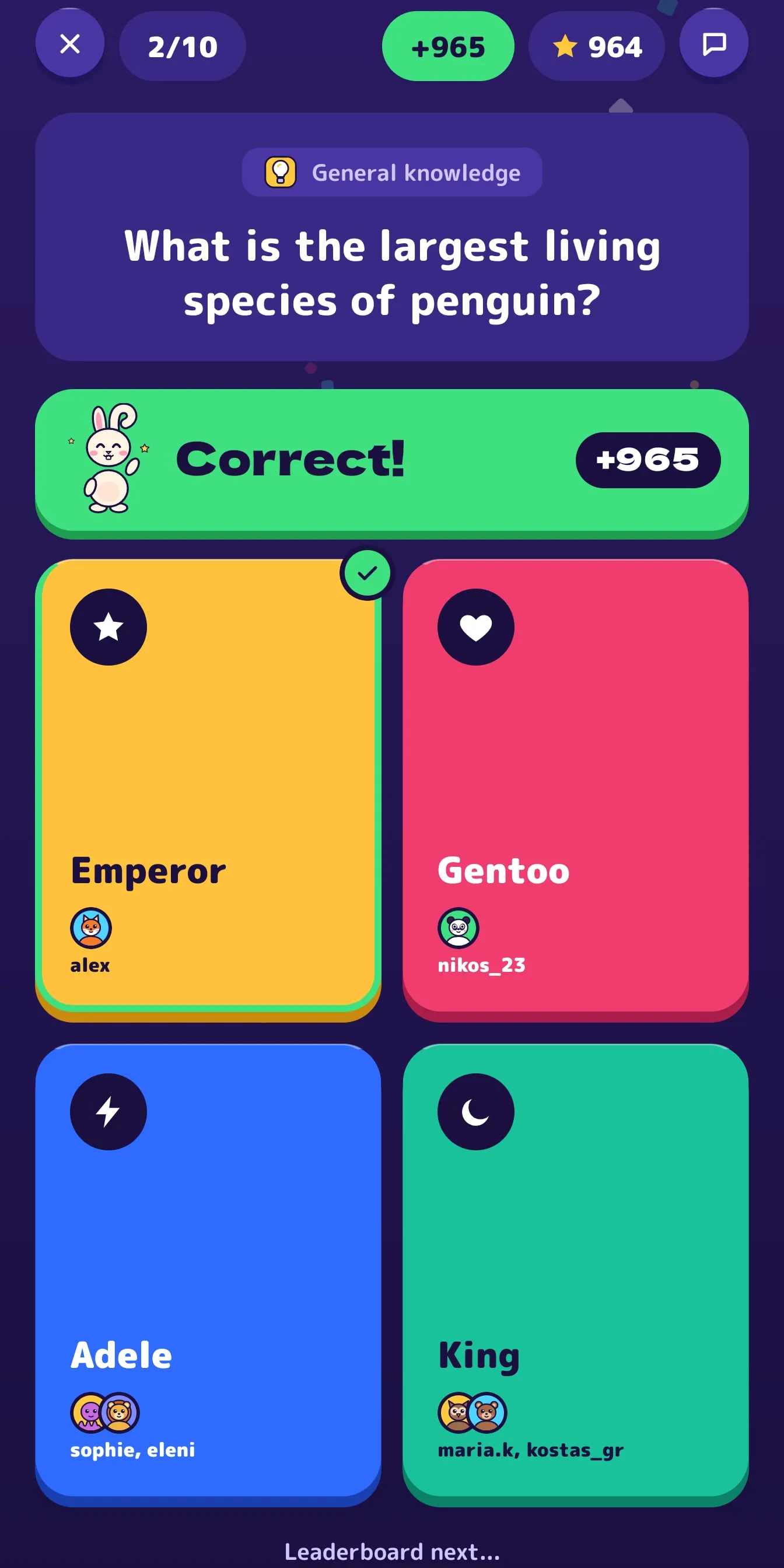 A question in the app after the answers: the right one, and who picked each